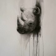 watercolour head of a rhino, trophy style depicting runs of paint from the neck area highlighting its tenuous situation in our world